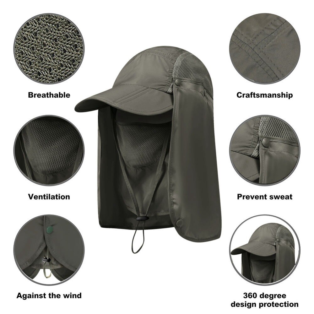 Gorros con solapa de nailon de secado rápido para exteriores, con correa para la barbilla, protección UV de 360 grados, mascarilla facial plegable empaquetable