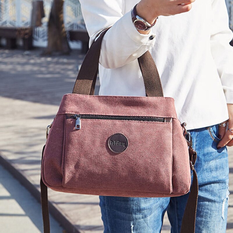 Bolso de mano Vintage para mujer, bandolera informal Lisa para niña, bolsos de lona para mujer, bolsos de un solo hombro, bolsos multibolsillos para mujer: pink