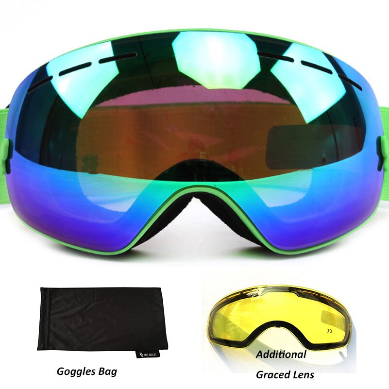 Anti-fog Ski Goggles UV400 polarized Ski Glasses Double Lens Skiing Snowboard Snow Goggles Ski Eyewear With case for Man women: frame green
