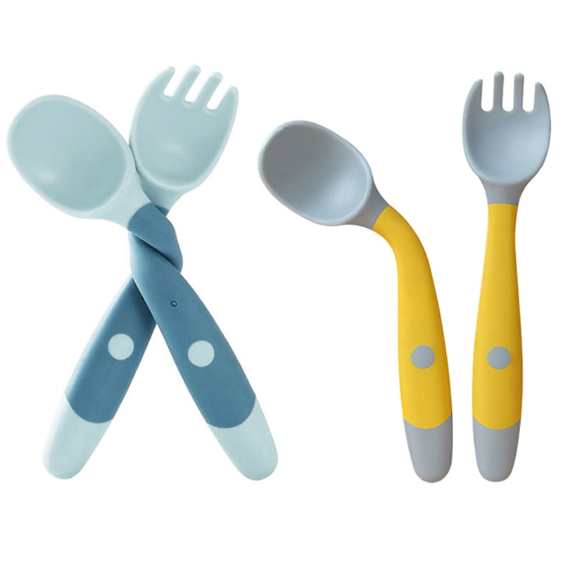 Baby Spoon Fork Set Toddler Infant Bendable Silicone Soft Spoons Learning Tableware Safe Feeding Flatware with Storage Box