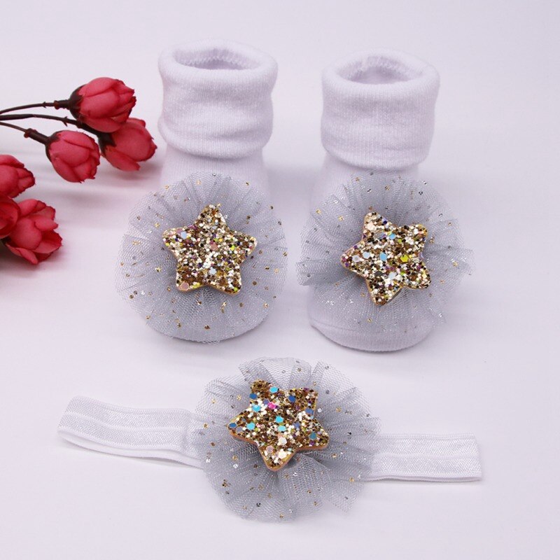 Newborn Baby Socks+1PC Hair Belt Toddler Girls Bow Wave Point Anti-slip Socks1