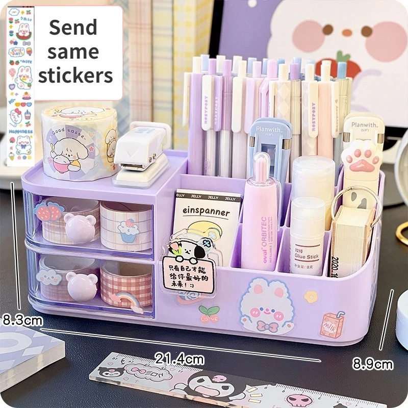 Kawaii caixa de armazenamento de mesa organizador bonito urso lidar com gaveta tipo organizador de mesa multi-grade caneta titular com adesivos kawaii: Verde