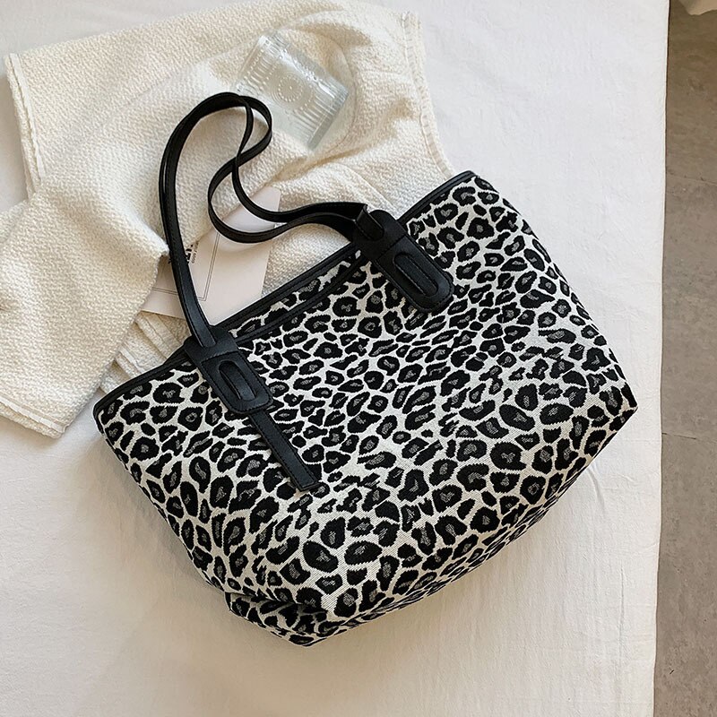 2022 borsa a tracolla con stampa leopardata da donna di grande capacità borsa con chiusura a cerniera borsa Casual con ascelle: Black