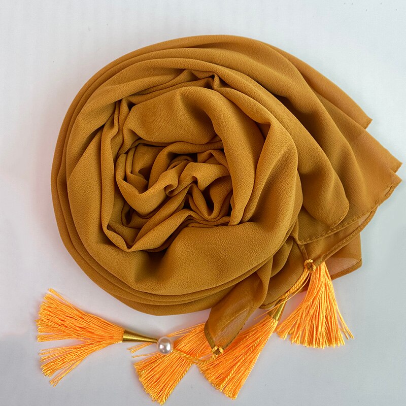 1 Pc Bubble Chiffon Solider Kleur Sjaal Lange Soft Wrap Sjaal Sjaals Femme Bufandas Kralen Parels Hijaabs Kwastje Sjaal: color 6