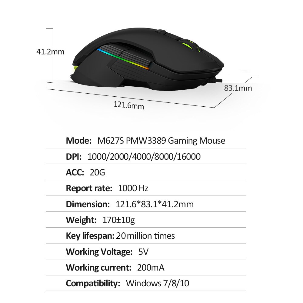 Delux M627S PMW3389 sensor Wired Gaming Mouse 8 Buttons 16000 DPI RGB Backlight Optical Left and Right hand Mice DIY Side Wings