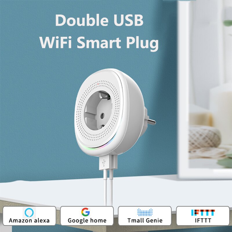 Smart WiFi USB Socket Double Port EU Plug Smart Plug With LED Support for Alexa Google Home Smart WiFi Socket