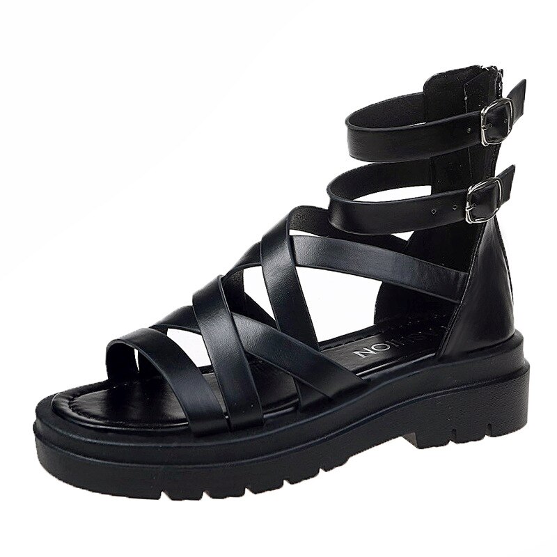 Sandalias romanas con cremallera y parte trasera plana para Mujer, calzado informal De suela gruesa, calado alto, novedad