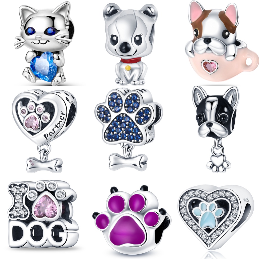 925 Sterling Silver Katt Hund Husdjur Djur Tassavtryck Serie Berlocker Pärlor Passar Originala Armband S925 DIY Smycken