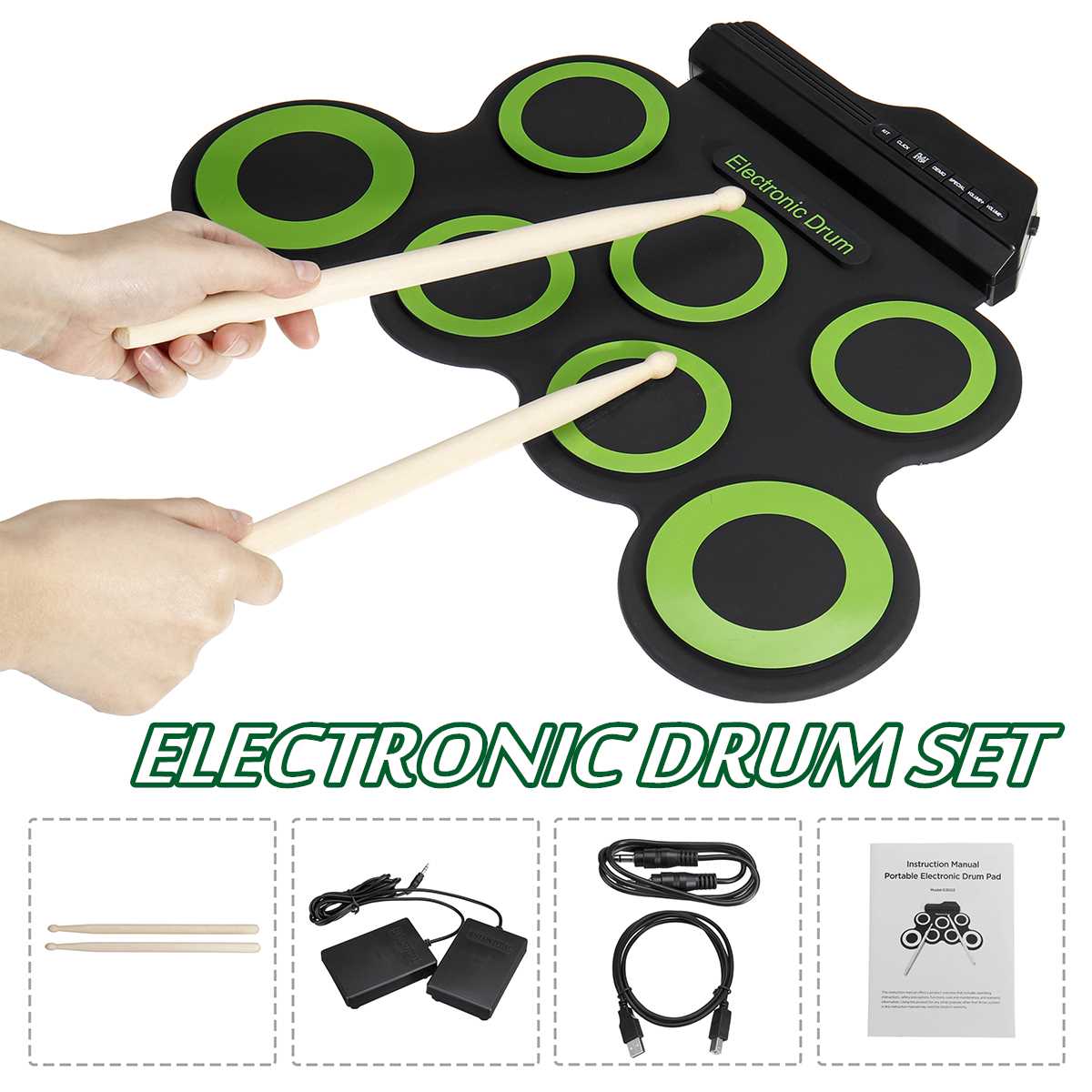 Vouwen Siliconen Elektrische Drum Pad Kit Digitale Usb Roll Up Drum Set Met Drumstokken Voetpedaal Draagbare Elektronische Drum