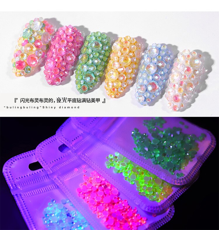 1 Pack Lichtgevende Kristallen Gemengde Size SS6-SS20 Nail Art Rhinestone Decoraties 3D Glitter Diamond Jewelly Glow In The Dark Ornamenten