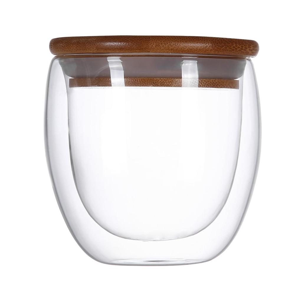 250Ml/350Ml/450Ml Double Layer Muur Glass Tea Cups + Bamboe Deksel Set Anti-Broeien Glas Koffie Thee Melk Isolatie Mokken: 250ml