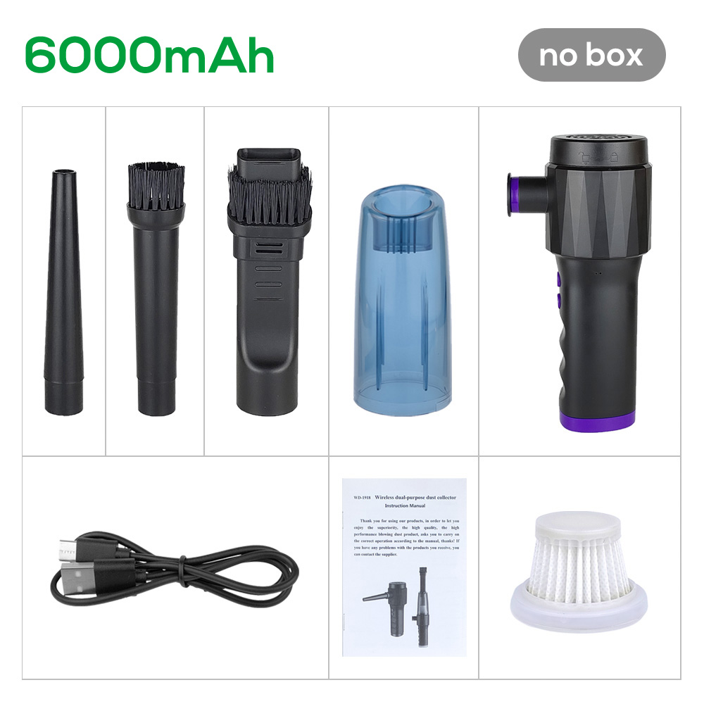 Langaton pölynimuri johdoton käsikäyttöinen auton pölynimuri kannettava tehokas sähköinen ilmapuhallin tietokoneeseen kotieläinten karvat: 6000 mah nobox