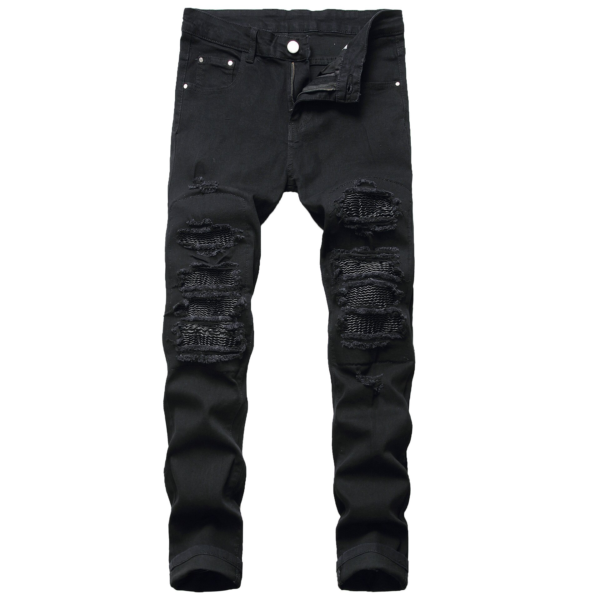 Denim concepteur trou jean déchiré pour hommes taille 28-38 40 automne hiver Plus velours HIP HOP Punk Streetwear: Black / 28