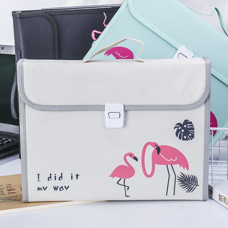 A4 File Folder Cute Flamingo Expanding Wallet Box 13 Layers Document Bag Large Storage Filing Products Fichario Padfolio Case: Light Grey