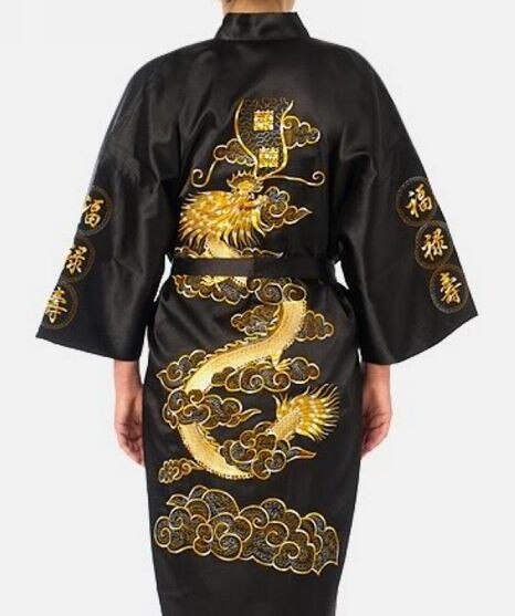 Navy Blue Chinese Men's Satin Silk Robe Embroidery Kimono Bath Gown Dragon Size S M L XL XXL XXXL: XL / black