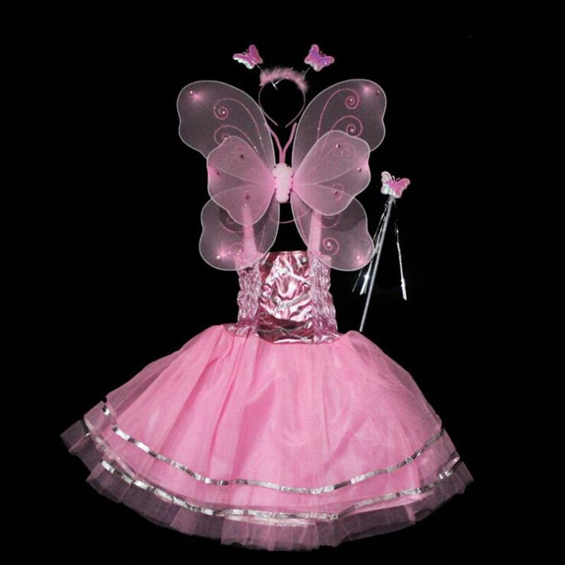 Niñas mariposa ala diadema varitas vestido niños Hada princesa actuación Cosplay disfraz Decoración Para vestido de Halloween: pink 4pcs set