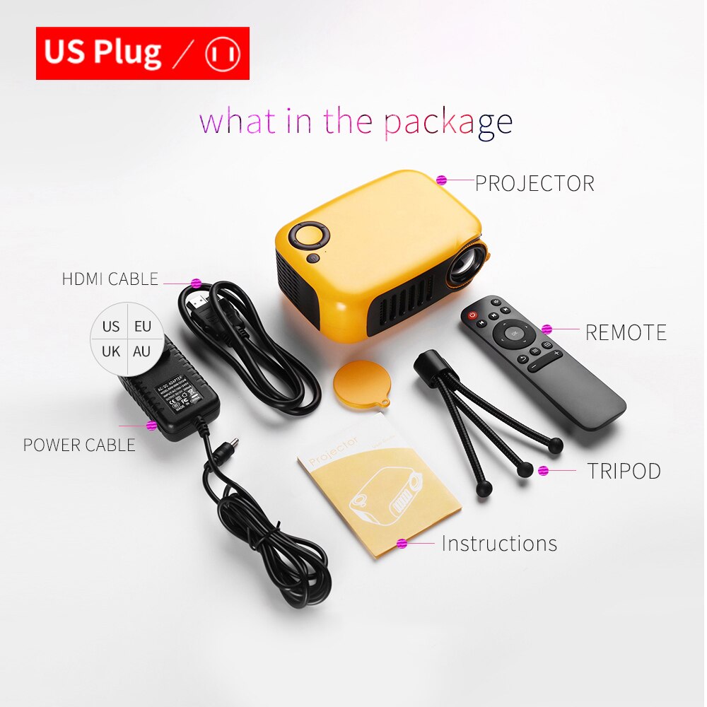 Mini projetor portátil para celular, projetor com suporte para lcd de 320 p, 240 horas de iluminação, home theater, tomada eu/us, 1080x50000 p: Orange US Plug