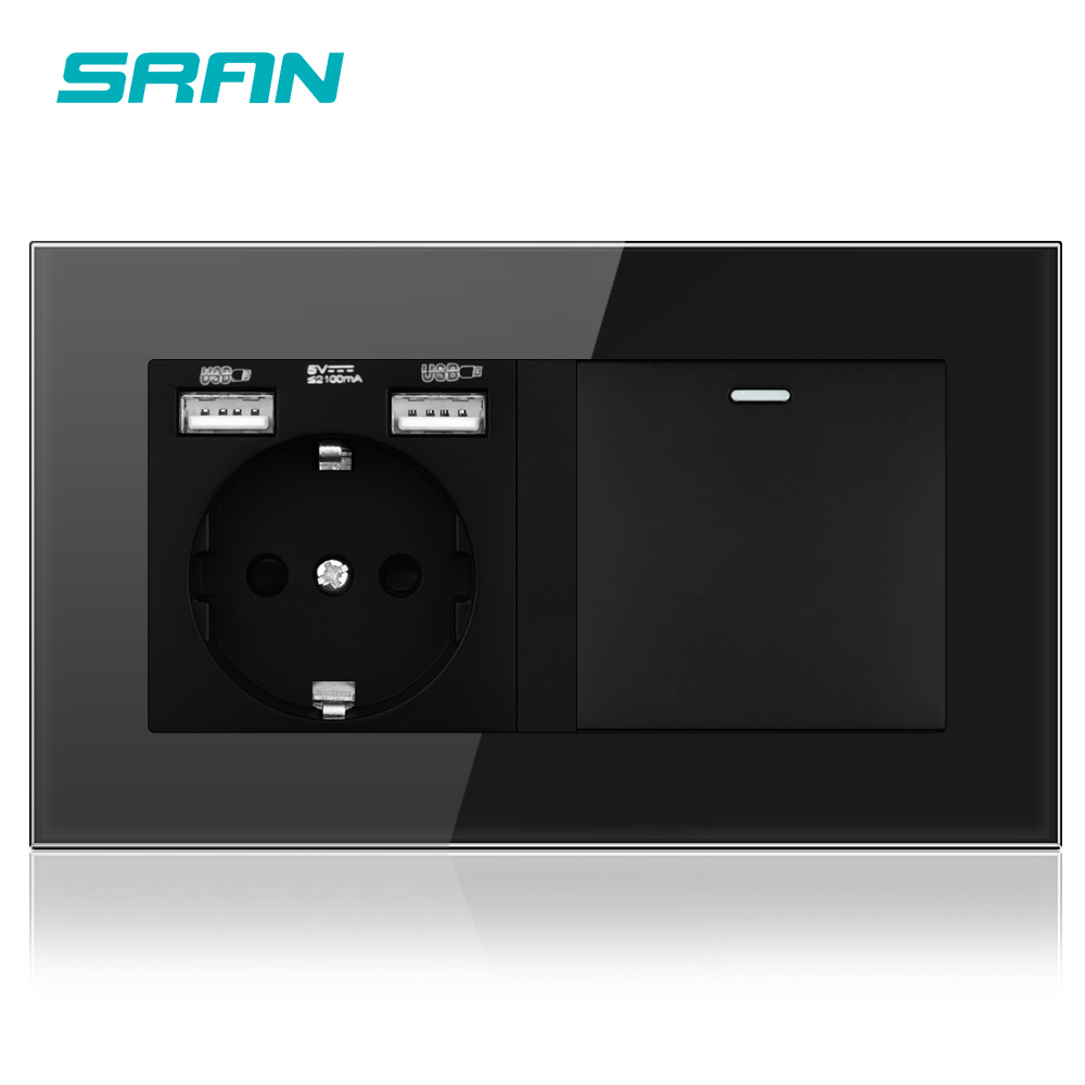 Sran eu vägguttag med vippströmbrytare， 220v 16a- uttag med usb 146*86 kristallglaspanel med ljusströmbrytare 1 gäng 1/2/3- vägs: 146 a6 svarta eu usb / 1 gäng 2- vägs