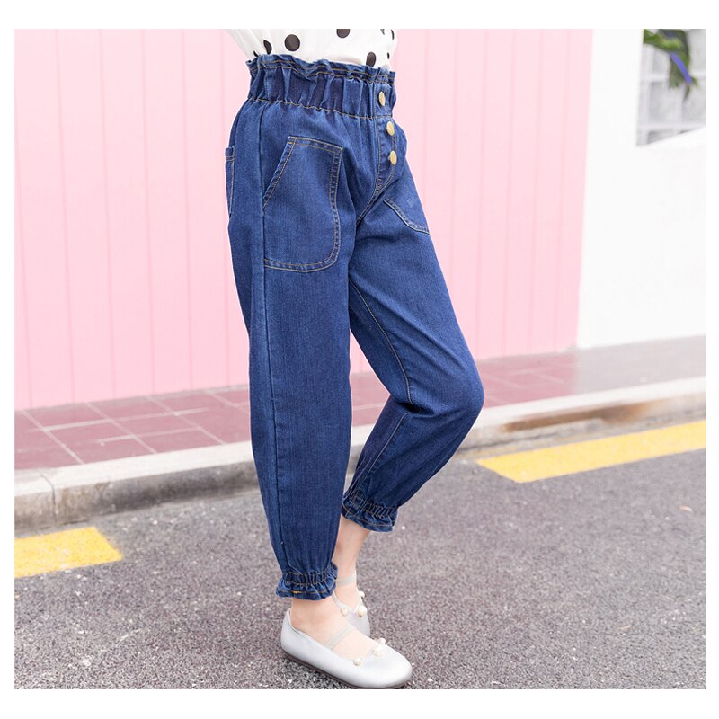 Nuevos pantalones vaqueros de cintura alta para chicas adolescentes, pantalones vaqueros azules de otoño para niñas, pantalones casuales para niños de 4 a 12 años