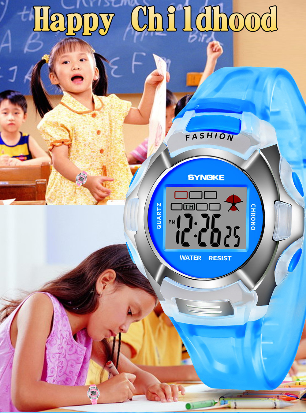Synoke Kinderen Jongens Student Waterdichte Sport Horloge Led Digital Date Horloge Multifunctionele Mode Klokken