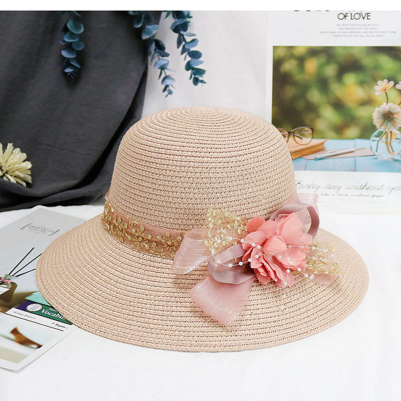Women Summer Women's Sun Hat Bucket Cap Beige Lace Bowknot Flowers Ribbon Flat Top Straw Hat Beach Caps Panama: GRAY