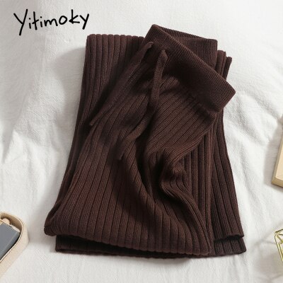 Yitimoky Knitted Wide Leg Pants for Women Streetwear Clothes Joggers Baggies Drawstring Sweatpants Work Bottoms Pants Ulzzang: coffee
