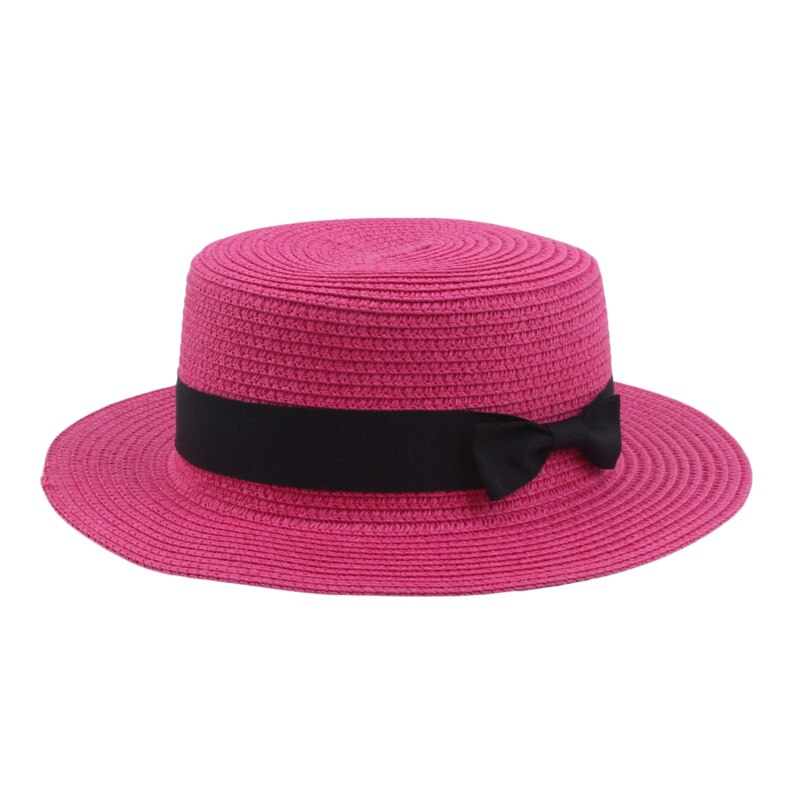 Summer women's Straw Hat Travel Shade Leisure Beach Hat Vacation Flat Eaves Bowknot Shade Sun Hat: Rose red