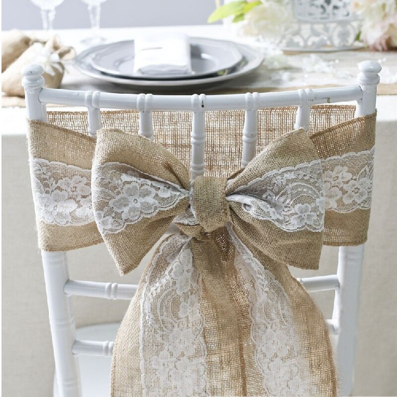 Housse de chaise en toile de Jute, avec nœud en dentelle, 2 pièces, 240cm x 15cm, pour mariage, artisanat, décoration de fête, fournitures à faire soi-même