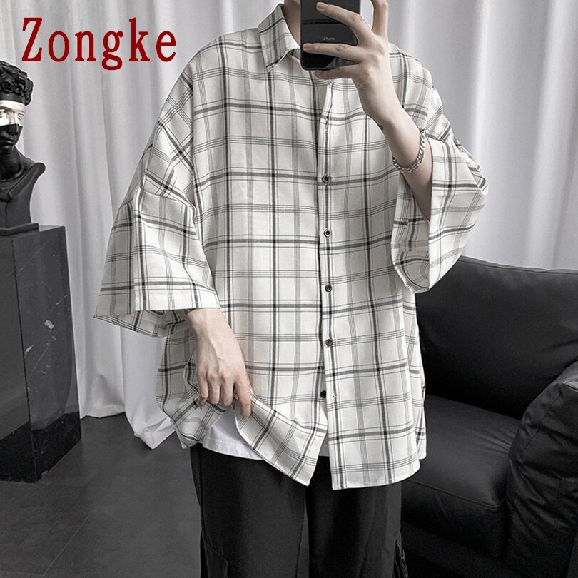 Zongke Plaid Casual Shirts For Men Clothing Checkered White Shirt Men Streetwear Men Shirt Long Sleeve M-2XL: Asian Size XXL