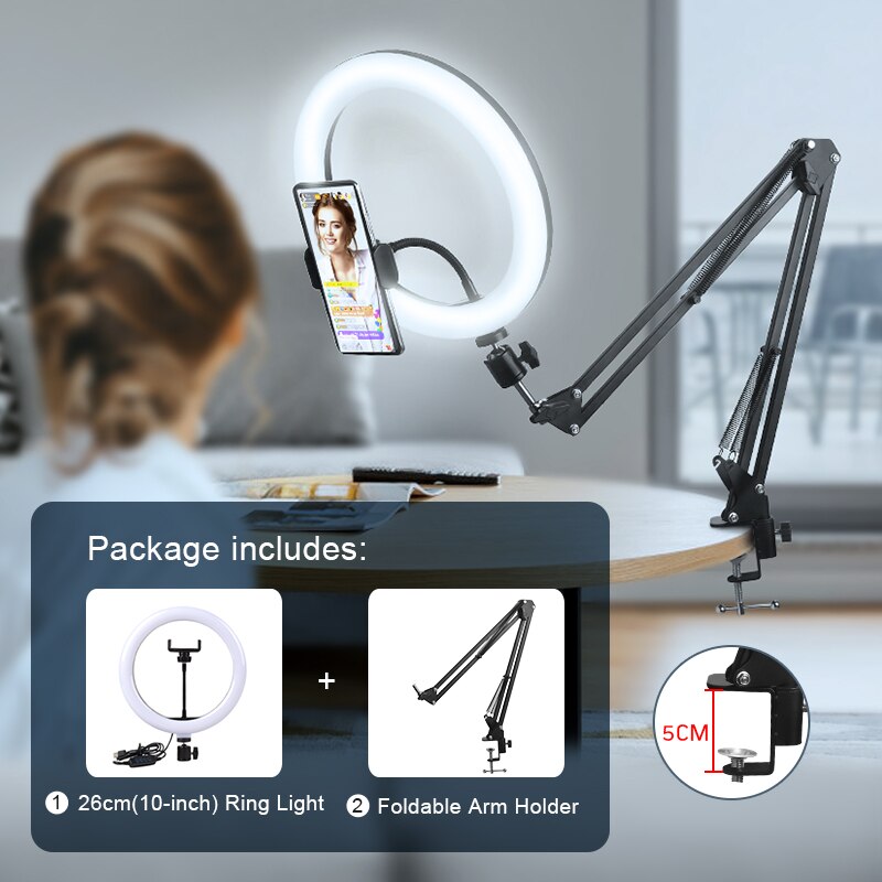 Éclairage Ring Light à Led avec trépied et Support Mobile, éclairage annulaire pour photographie et diffusion vidéo en direct: 26cm light arm stand
