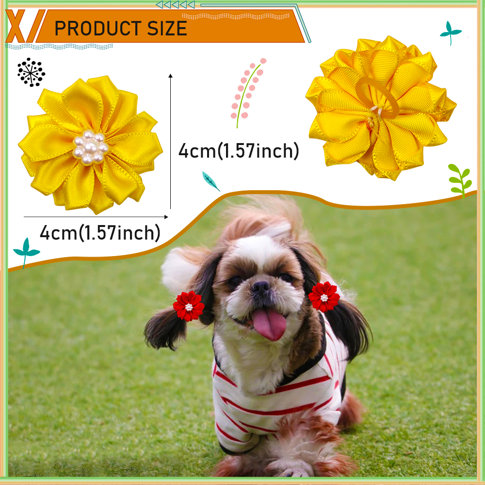 Lazos para el pelo de perros y gatos con flores, bonitos lazos para el pelo para perros, bodas, fiestas, vacaciones, accesorios diarios, lazos de aseo para mascotas con bandas de goma, 100 Uds.