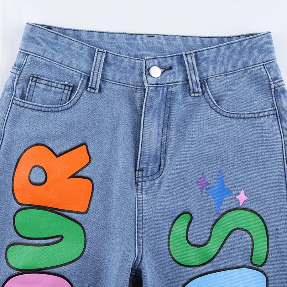 Graphique lettre imprimé Baggy femmes jean pantalon taille haute jambe large Punk Y2K mignon Demin Streetwear e-fille Jeans décontractés