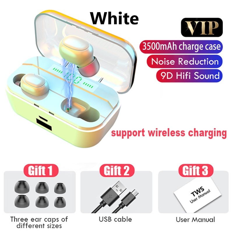 3500mAh Bluetooth Earphones Wireless Headphones Touch Control LED Display Wireless Charging Sport Waterproof Headset Earbuds: White Pro
