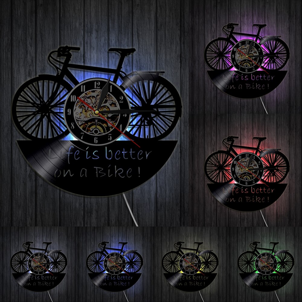 Fahrrad Zyklus Vinyl aufzeichnen Wanduhr Leben Ist Besser Auf EINE Fahrrad Jahrgang Wohnkultur Zauberstab Kunst Uhr Uhr