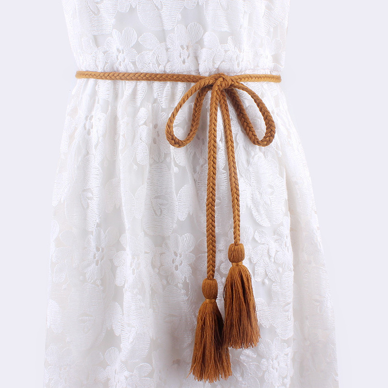 Ceinture tressée à pompons pour femmes, , tissage torsadé, ceinture tricotée, ULdécorée pour robes, chemise marron, ficelle en coton noir: Chocolat