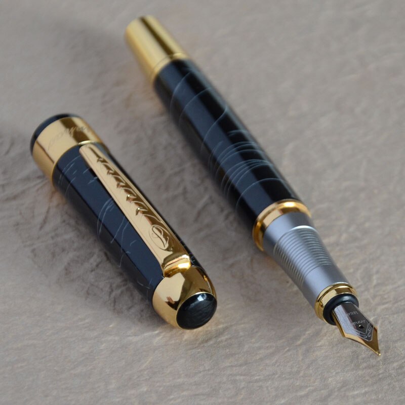 FOUNTAIN PEN 18KGP MEDIUM NIB JINHAO 250 BLACK WITH WIHITE STRIPS GOLDEN TRIM