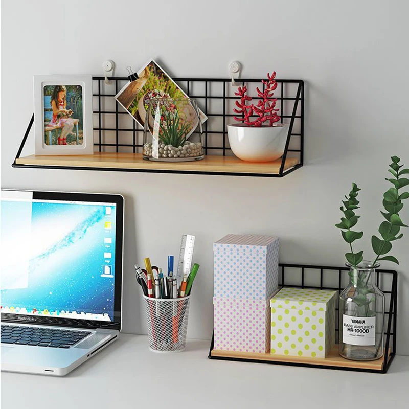 Floating Shelves Wall Mounted Rustic Wood Storage Display Shelf with Metal Wire Basket Hanging Shelf for Kitchen Office Bedroom