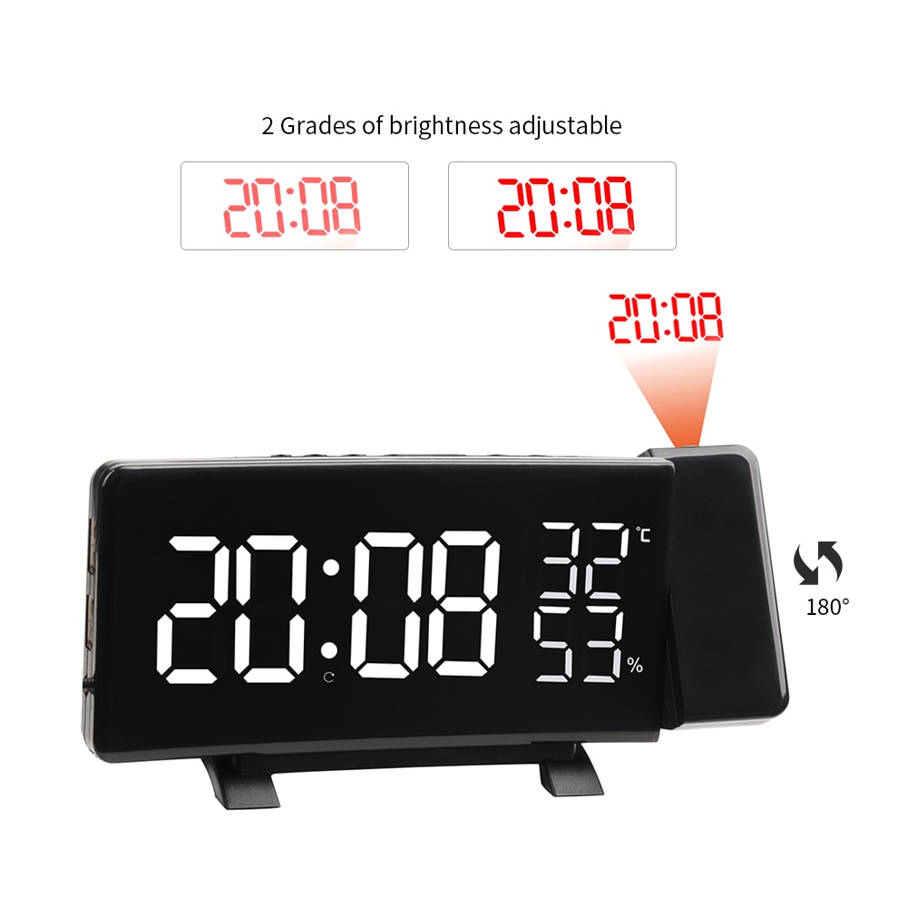 Dual USB Operated 3-Color Curved LED Screen Radio Alarm Clock Dimmable Thermometer Hygrometer Clock Dual Alarms Snooze Function