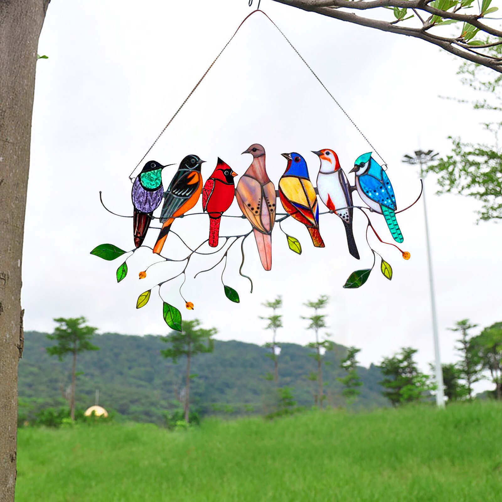 Multicolor Birds On A Wire High Stained Glass Suncatcher Window Panel Series Ornaments Pendant Home Decoration Hanging For Doors