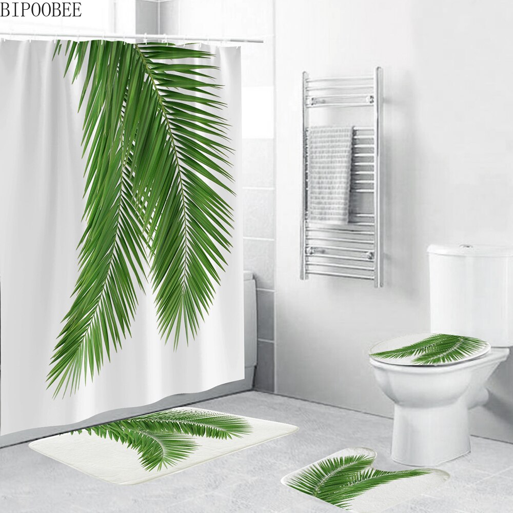 Groene Bladeren Afdrukken Douchegordijn Tropische Planten Natuurlijke Badkamer Gordijnen Anti-Slip Badmat Set Wc Tapijten Tapijt: C 4PCS