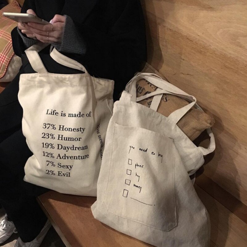 Women Canvas Tote Bag Reusable Cotton Cloth Letter Print Eco Shopping Bags Female Handbag Foldable Shopper Bag Large Capacity