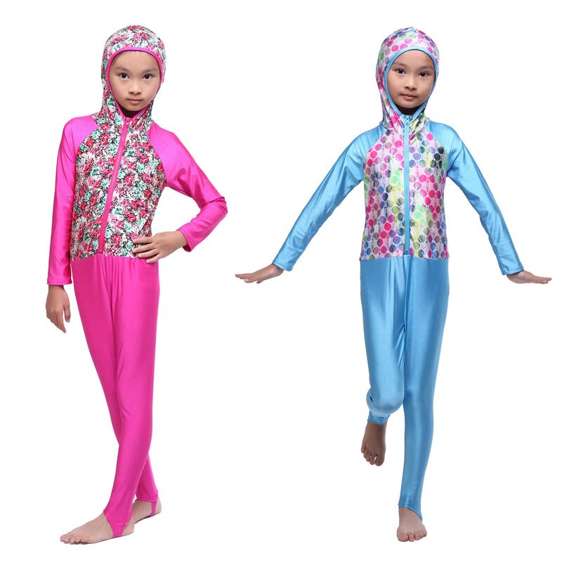 Msulim Meisjes Kinderen Islamitische Kinderen Vier Seizoen Zwemmen Sets Nylon Afdrukken Hooded Burkinis Lange Mouwen Broek Jumpsuit HW20F