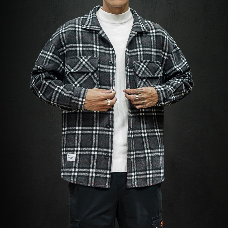 Efterår vinter flannel skjorter herre langærmet plaid streetwear ulden varm casual plus vintage lommeskjorte chemise homme