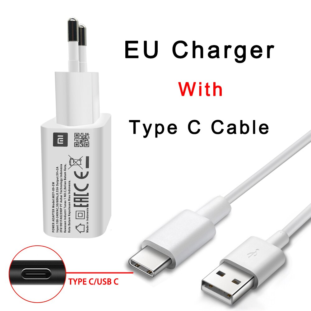 Xiaomi-cargador USB MDY-09-EW Original, adaptador de la UE de 5V/2A, Cable de datos tipo C para Mi 5, 6, 8, 9, Redmi Note 7, 8 Pro, F1, A2, A3 Lite: EU With Type C