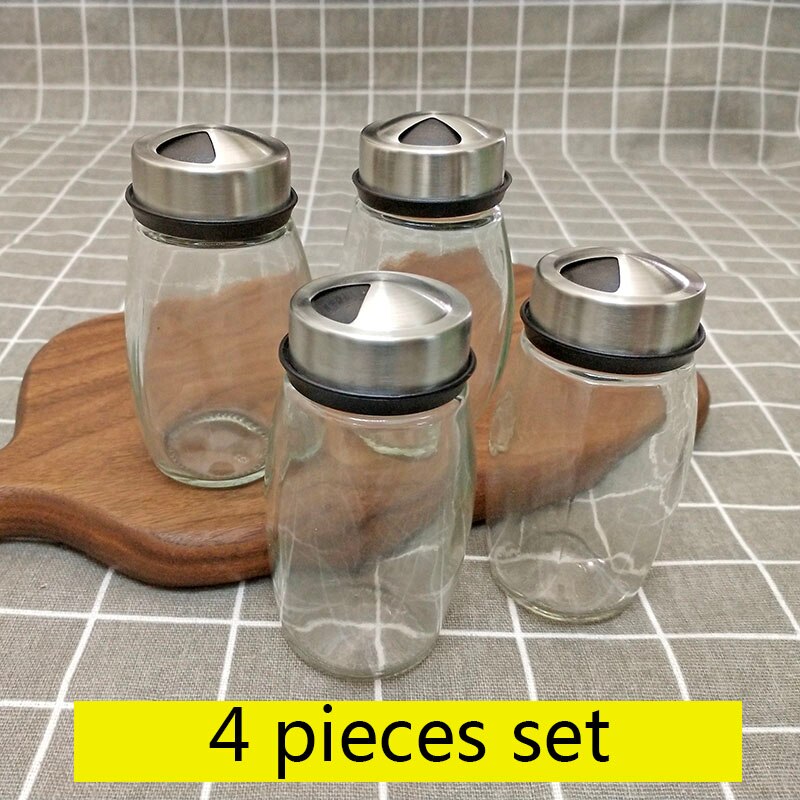 Staal Glas Cruet Kruiderij Kruidkruiken Set Zout Peper Shakers Kruiden Sprays Roterende Roestvrij: 4 pcs set