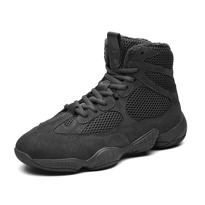 Winter Warm Man Boxing Boot Inside Fur Mens Wrestling Shoes Anti-Slip Boxing Shoes for Men Mesh and Leather Wrestling Boots: Dark gray / 10