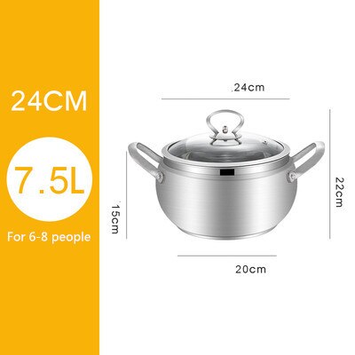 Pots for cooking milk chaffing dish Stainless Steel Pot Hotpot Induction Cooker Gas Stove Pot Home Kitchen Cookware Soup Cooking: 24cm 7.5L
