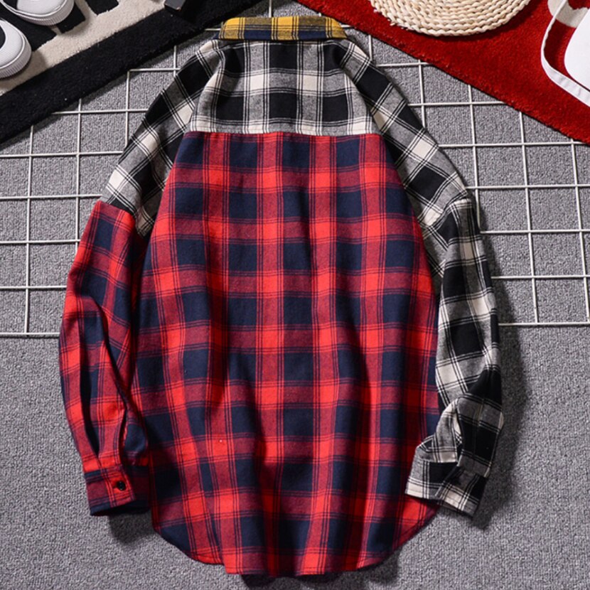 High Street Oversize Hip Pop Men Plaid Shirt Chic Long Sleeve Patchwork Checked Tops Turn Down Collar Pocket Plus Size Shirts