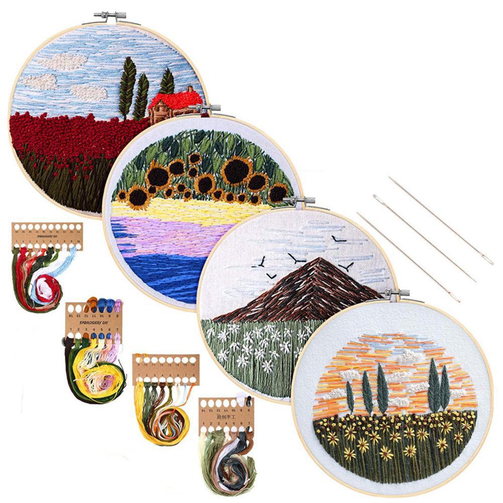 DIY Embroidery Kit with Pattern Embroidery Cloth Color Threads Tools Kit No Embroidery Hoop