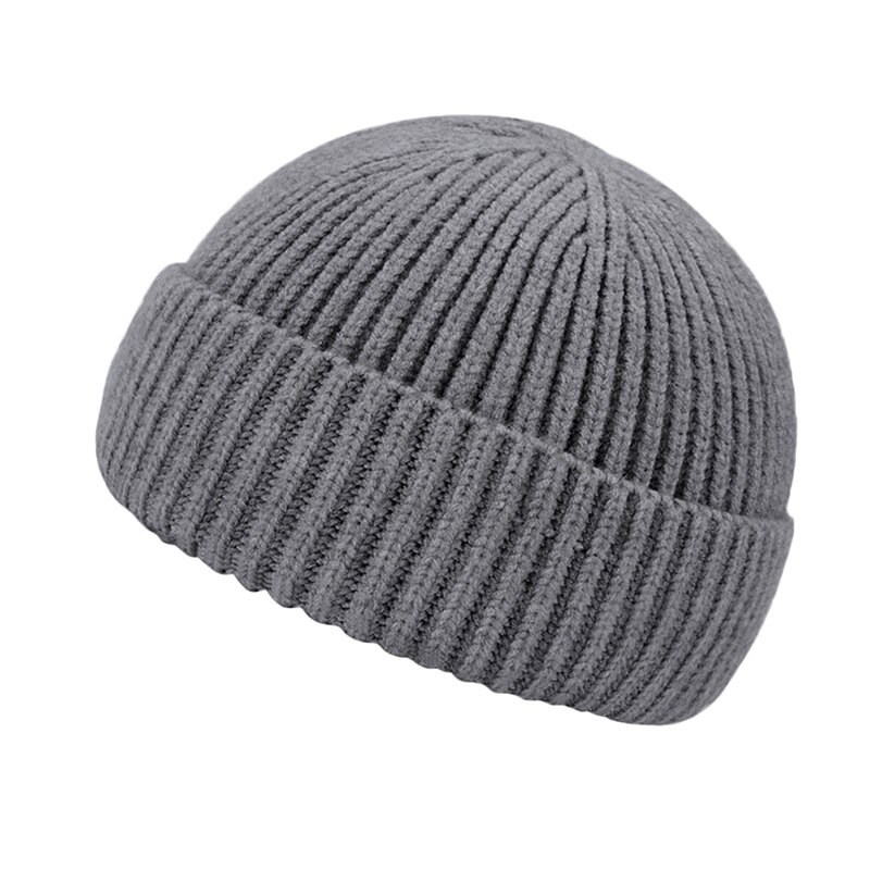Unisex skullies mössa vinter mössor varma enfärgade stickade mössor casual manlig kort melon mössa utomhus herr mössa motorhuv: Grå